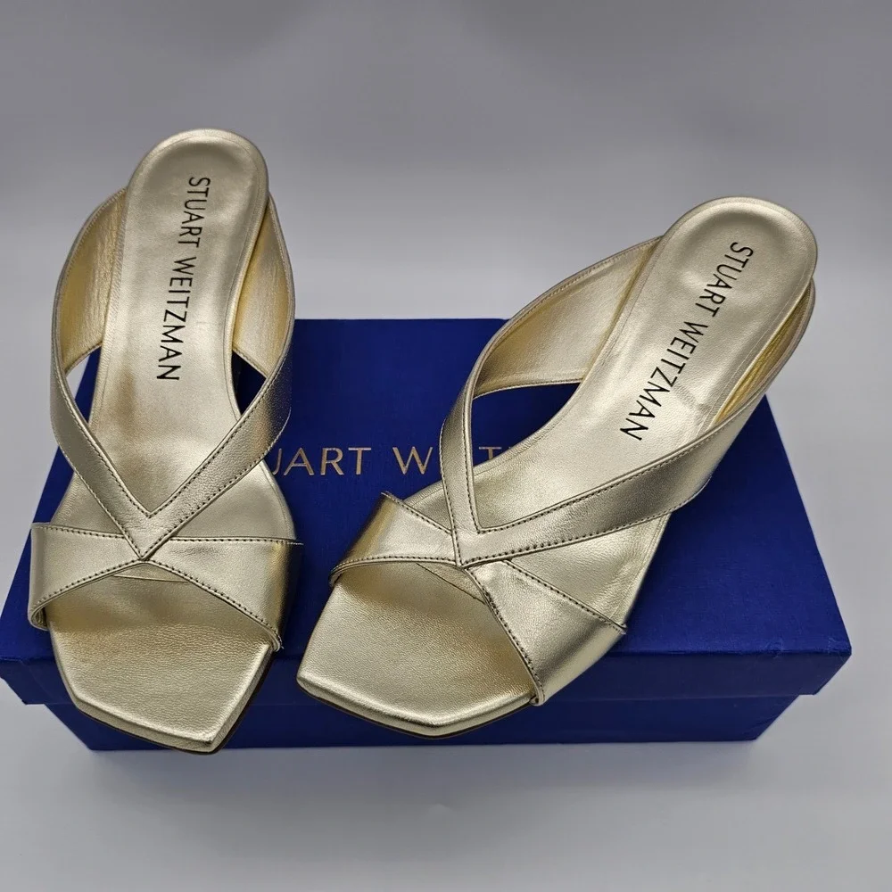 Stuart Weitzman Womens Miami 50 Wedge Slide Metallic‎ Gold Sandal Platino 6B
